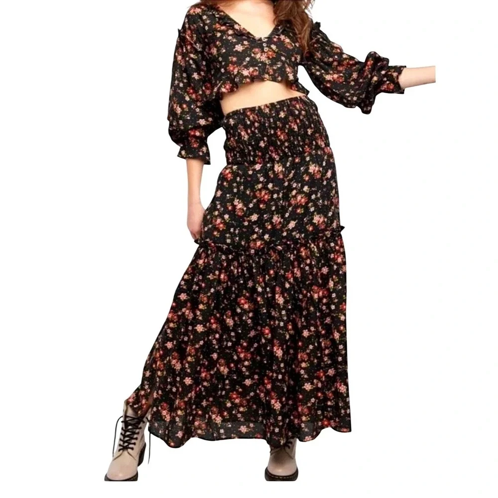 Free People Secret Garden Set Boho Black Floral Tiered Maxi Skirt Set Black S/M